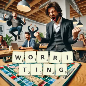 Creative illustration for a Scrabble game with the word WORRITING spelled out in tiles on the board.