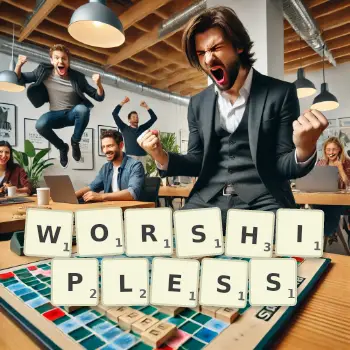 Creative illustration for a Scrabble game with the word WORSHIPLESS spelled out in tiles on the board.
