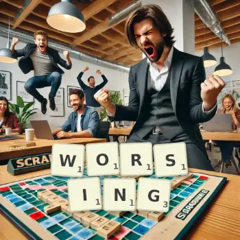 Creative illustration for a Scrabble game with the word WORSING spelled out in tiles on the board.