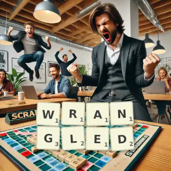 Creative illustration for a Scrabble game with the word WRANGLED spelled out in tiles on the board.