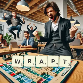 Creative illustration for a Scrabble game with the word WRAPT spelled out in tiles on the board.