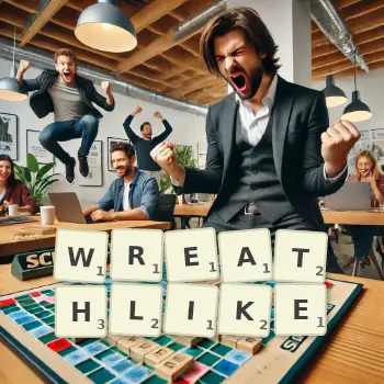 Creative illustration for a Scrabble game with the word WREATHLIKE spelled out in tiles on the board.
