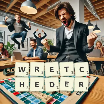 Creative illustration for a Scrabble game with the word WRETCHEDER spelled out in tiles on the board.