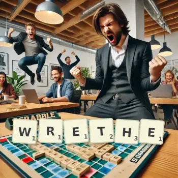 Creative illustration for a Scrabble game with the word WRETHE spelled out in tiles on the board.