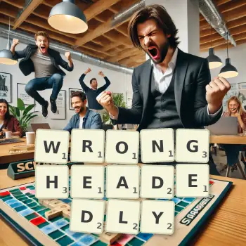 Creative illustration for a Scrabble game with the word WRONGHEADEDLY spelled out in tiles on the board.