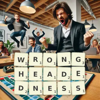Creative illustration for a Scrabble game with the word WRONGHEADEDNESS spelled out in tiles on the board.