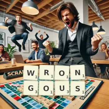Creative illustration for a Scrabble game with the word WRONGOUS spelled out in tiles on the board.