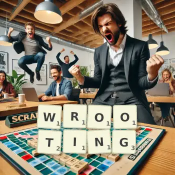 Creative illustration for a Scrabble game with the word WROOTING spelled out in tiles on the board.