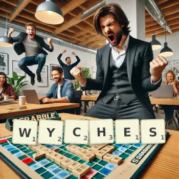 Creative illustration for a Scrabble game with the word WYCHES spelled out in tiles on the board.