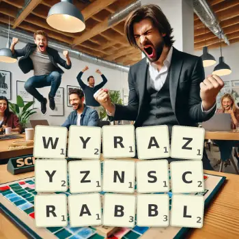 Creative illustration for a Scrabble game with the word WYRAZYZNSCRABBL spelled out in tiles on the board.