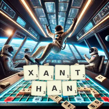 Creative illustration for a Scrabble game with the word XANTHAN spelled out in tiles on the board.