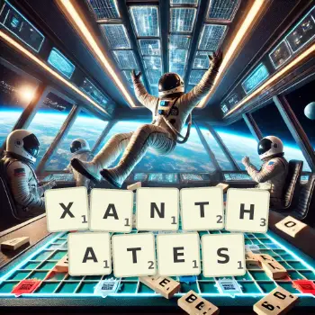 Creative illustration for a Scrabble game with the word XANTHATES spelled out in tiles on the board.