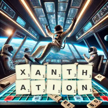 Creative illustration for a Scrabble game with the word XANTHATION spelled out in tiles on the board.