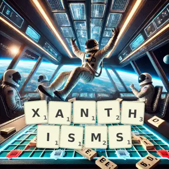 Creative illustration for a Scrabble game with the word XANTHISMS spelled out in tiles on the board.