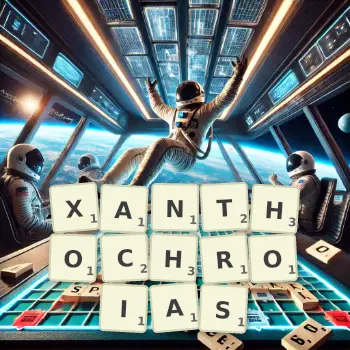 Creative illustration for a Scrabble game with the word XANTHOCHROIAS spelled out in tiles on the board.