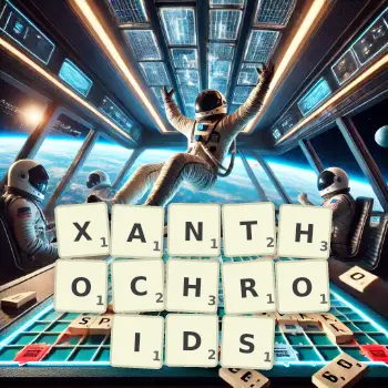 Creative illustration for a Scrabble game with the word XANTHOCHROIDS spelled out in tiles on the board.