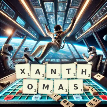 Creative illustration for a Scrabble game with the word XANTHOMAS spelled out in tiles on the board.
