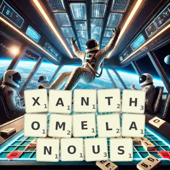 Creative illustration for a Scrabble game with the word XANTHOMELANOUS spelled out in tiles on the board.