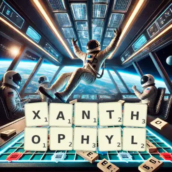 Creative illustration for a Scrabble game with the word XANTHOPHYL spelled out in tiles on the board.
