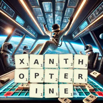 Creative illustration for a Scrabble game with the word XANTHOPTERINE spelled out in tiles on the board.