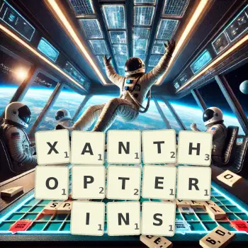 Creative illustration for a Scrabble game with the word XANTHOPTERINS spelled out in tiles on the board.