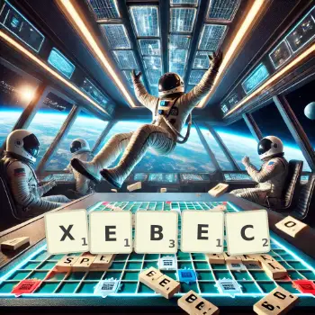 Creative illustration for a Scrabble game with the word XEBEC spelled out in tiles on the board.