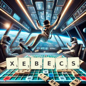 Creative illustration for a Scrabble game with the word XEBECS spelled out in tiles on the board.