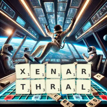 Creative illustration for a Scrabble game with the word XENARTHRAL spelled out in tiles on the board.