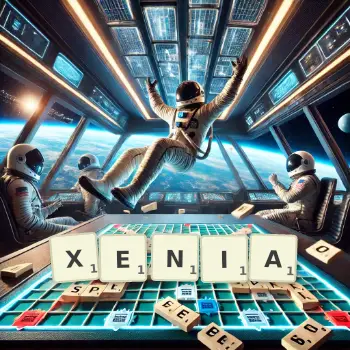 Creative illustration for a Scrabble game with the word XENIA spelled out in tiles on the board.