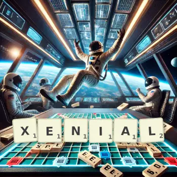 Creative illustration for a Scrabble game with the word XENIAL spelled out in tiles on the board.
