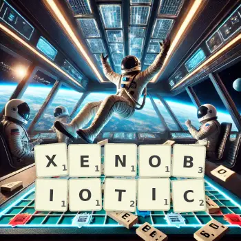 Creative illustration for a Scrabble game with the word XENOBIOTIC spelled out in tiles on the board.