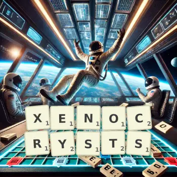 Creative illustration for a Scrabble game with the word XENOCRYSTS spelled out in tiles on the board.