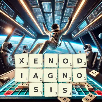 Creative illustration for a Scrabble game with the word XENODIAGNOSIS spelled out in tiles on the board.
