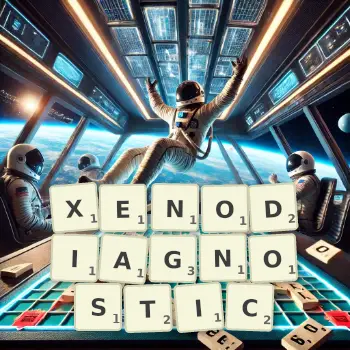 Creative illustration for a Scrabble game with the word XENODIAGNOSTIC spelled out in tiles on the board.