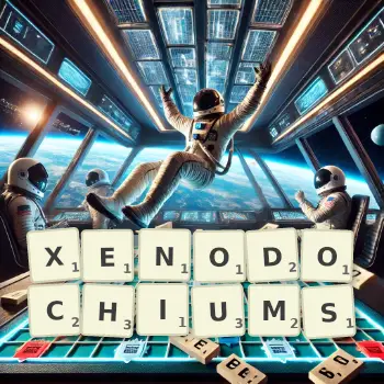 Creative illustration for a Scrabble game with the word XENODOCHIUMS spelled out in tiles on the board.
