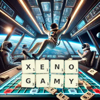 Creative illustration for a Scrabble game with the word XENOGAMY spelled out in tiles on the board.