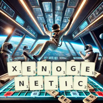 Creative illustration for a Scrabble game with the word XENOGENETIC spelled out in tiles on the board.