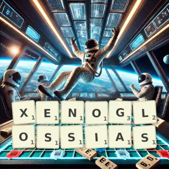 Creative illustration for a Scrabble game with the word XENOGLOSSIAS spelled out in tiles on the board.