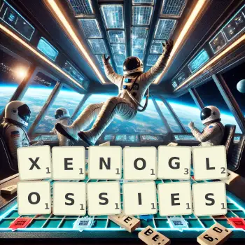 Creative illustration for a Scrabble game with the word XENOGLOSSIES spelled out in tiles on the board.