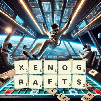 Creative illustration for a Scrabble game with the word XENOGRAFTS spelled out in tiles on the board.