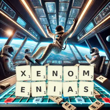 Creative illustration for a Scrabble game with the word XENOMENIAS spelled out in tiles on the board.