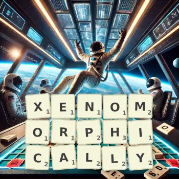 Creative illustration for a Scrabble game with the word XENOMORPHICALLY spelled out in tiles on the board.