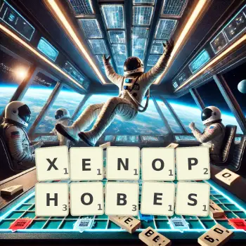 Creative illustration for a Scrabble game with the word XENOPHOBES spelled out in tiles on the board.