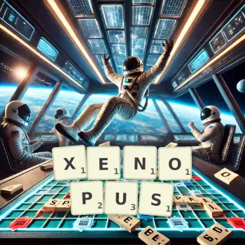 Creative illustration for a Scrabble game with the word XENOPUS spelled out in tiles on the board.