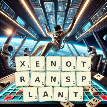 Creative illustration for a Scrabble game with the word XENOTRANSPLANT spelled out in tiles on the board.