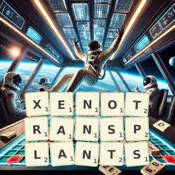 Creative illustration for a Scrabble game with the word XENOTRANSPLANTS spelled out in tiles on the board.