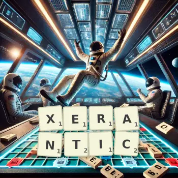 Creative illustration for a Scrabble game with the word XERANTIC spelled out in tiles on the board.