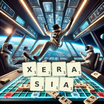 Creative illustration for a Scrabble game with the word XERASIA spelled out in tiles on the board.