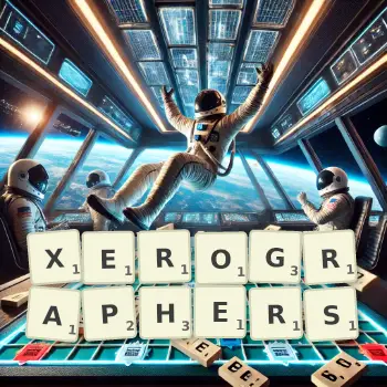 Creative illustration for a Scrabble game with the word XEROGRAPHERS spelled out in tiles on the board.