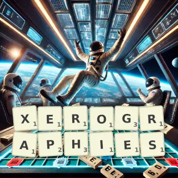 Creative illustration for a Scrabble game with the word XEROGRAPHIES spelled out in tiles on the board.